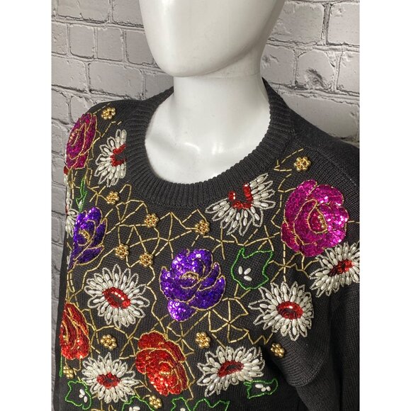 Vintage Western Connection Womens Medium Black Beaded Sequin Floral Pullover Swe - Picture 2 of 10